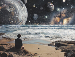 Surreal collage of space and beach combined