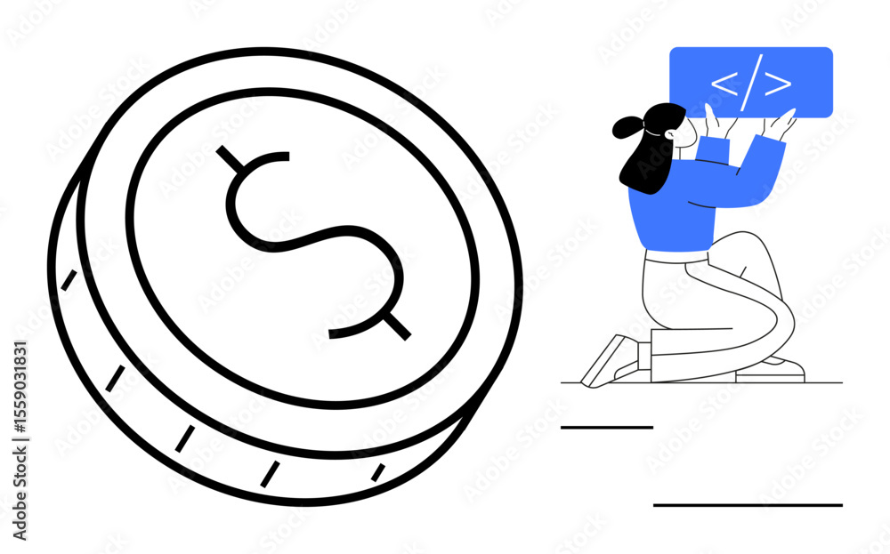 Aufkleber woman coding on a laptop with a code display, next to a bold currency coin icon. ideal for fintech, 