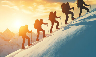 Silhouetted Hikers Ascend Snowy Mountain at Sunset, Equipped wit