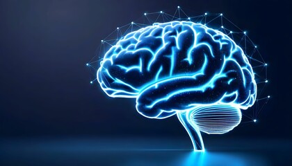Glowing blue human brain, digitally rendered, interconnected nodes, dark background.