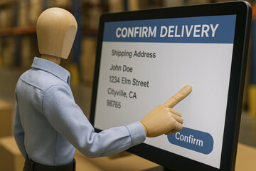 Decision-making and confirmation processes are illustrated by a wooden mannequin interacting with a digital delivery address screen
