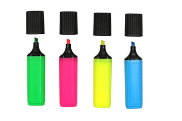 Line of Multicolored Markers with Caps Off on White