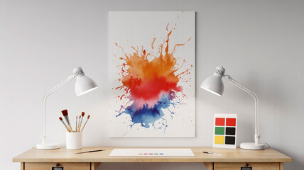 A vibrant watercolor painting of a colorful splash is displayed on a desk