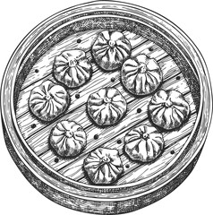 Chinese Dish Illustration. Hand Drawn Isolated Dim Sum Set In Bamboo Steamer. Vintage Style Asian Dumplings Illustration.