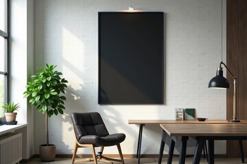 Sleek black poster on modern coworking space wall, industrial, minimal, empty