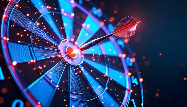 A glowing dart strikes the bullseye of a futuristic, digitally rendered dartboard.