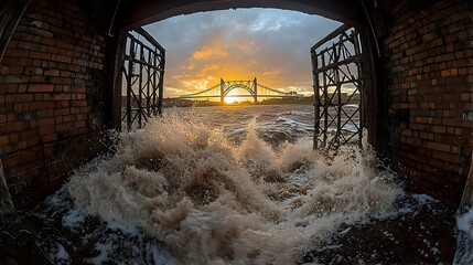 Sunset Bridge View Through Rusted Gateway and Crashing Waves