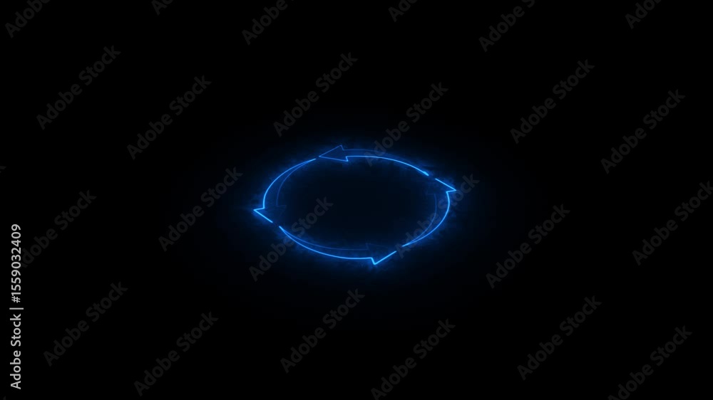 Poster 3d neon glowing update restore circle arrow icon on black background animation.
