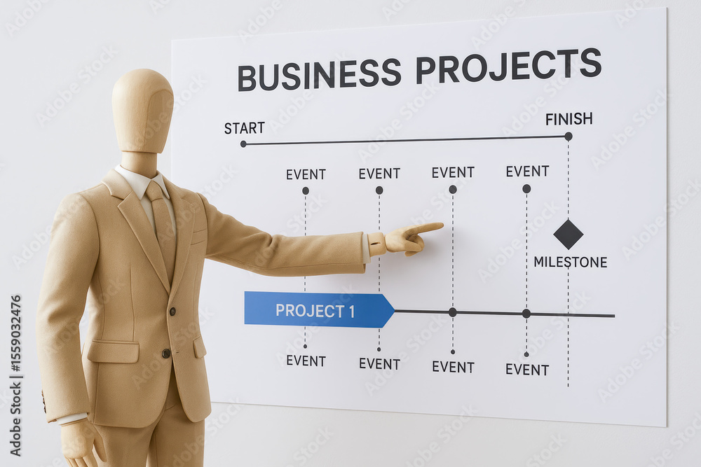 Poster a wooden mannequin in business attire indicates key events on a timeline chart symbolizing project m