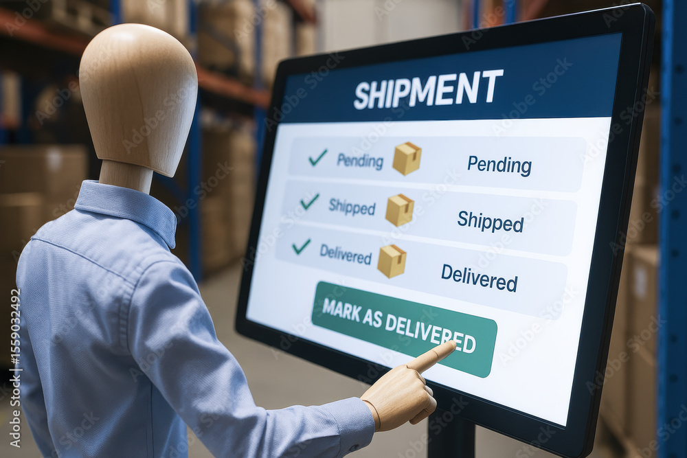 Poster completion delivery workflow on a digital interface signifies effective shipment tracking and operat