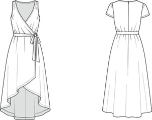 Technical flat sketch of a women's sleeveless wrap dress with a V-neck, waist tie, and asymmetric high-low hem, ideal for fashion design, apparel, and pattern making.