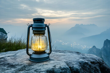 Illuminated Lantern on Mountaintop at Dawn, Overlooking Distant