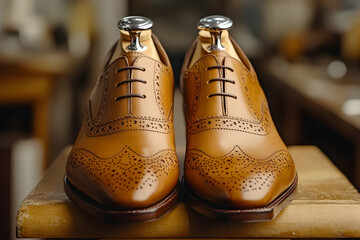 Elegant brown leather brogue shoes displayed on wooden stand in workshop