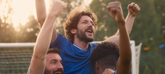 The joyful soccer players celebrating their victory together on the field.