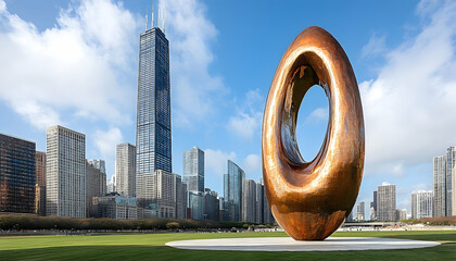Chicago Skyline with Bronze Sculpture and Green Lawn on a Sunny