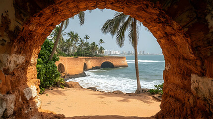 Coastal Archway View: Palm Trees, Bridge, and Distant City Skyli