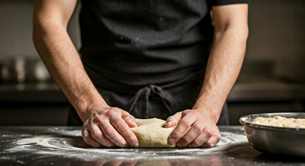 A person expertly kneads fresh dough on a floured surface for baking delicious bread and pastries perfect for culinary blogs or food industry promotions showcasing handmade processes.