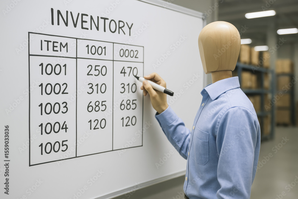 Poster analysis inventory data on a whiteboard demonstrates the process tracking business resources and imp