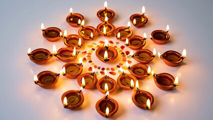 Obraz premium Arrangement of lit diya lamps in a circular pattern with colorful decorations around the center diya