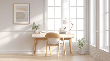 Bright home office interior with wooden desk, chair, and natural sunlight