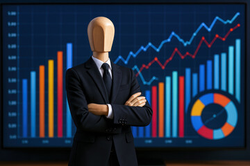 Confidence in strategic growth is depicted by a wooden mannequin standing with crossed arms before dynamic charts reflecting business progress and analysis