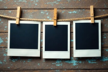 Empty polaroid frames strung on twine, rustic background, frames, polaroid