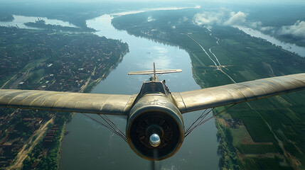 Vintage Biplane Soaring Above a Winding River and Lush Green Lan