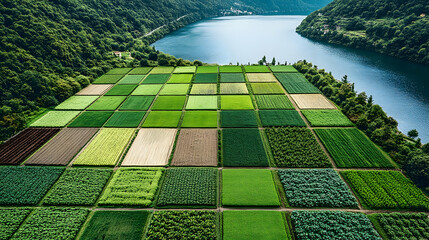 Aerial View of Patchwork Farmlands Beside Serene Lake