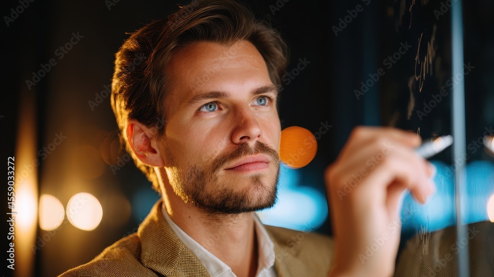Poster a thoughtful man writing on glass with a cigarette, illuminated by soft bokeh lights in the backgrou