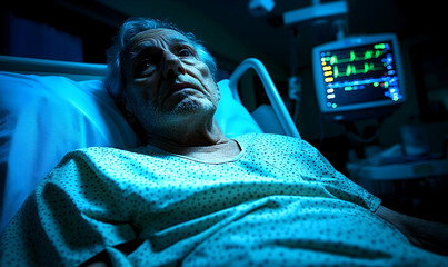 Elderly patient lying in hospital bed under blue light with vita
