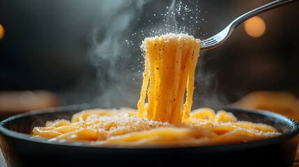 Steaming Spaghetti Twirled on Fork with Parmesan Dusting in Dark