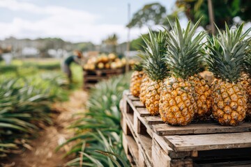pineapples neatly stacked on wooden pallets in an open pineapple farm