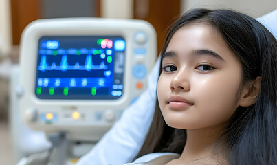 Young Girl's Serene Gaze in Hospital Room with Medical Monitor