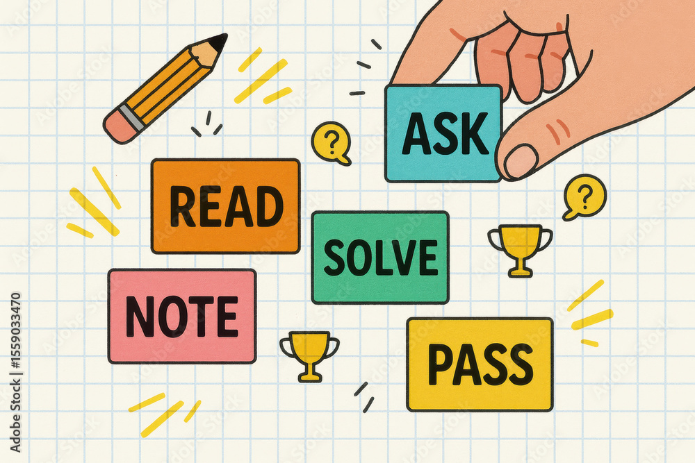 Poster a selects a key action block symbolizing inquiry among colorful notes and tasks on graph paper refle