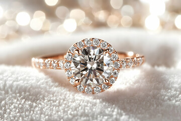 Fototapeta premium Elegant diamond engagement ring with sparkling gold band on soft fabric background