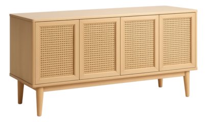Credenza with woven rattan doors, providing coastal charm to a sunroom.