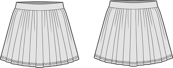 Stylish Pleated Mini Skirt Design Template for Fashion Illustration, Apparel Mockup, and Technical Drawing with Front and Back Views, Versatile Clothing Element