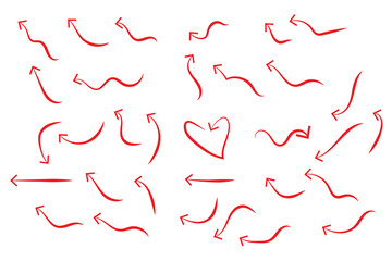 Collection of curve arrows. Set simple curved hand drawn arrows.