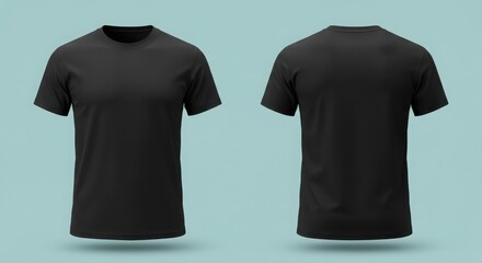 Black T-Shirt Mockup Showing Front and Back Isolated on Cyan Background