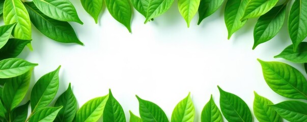 Fototapeta premium Vibrant green leaves frame a pristine white space , template, foliage