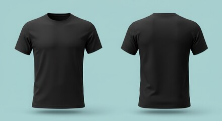 Black T-Shirt Mockup Showing Front and Back Isolated on Cyan Background