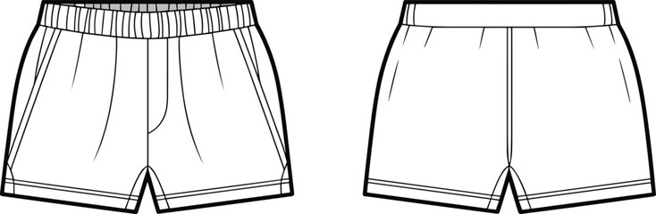 Vector flat technical sketch illustration of men's or women's casual elastic waistband boxer shorts template, front and back views. Fashion design document artwork for loungewear or sportswear