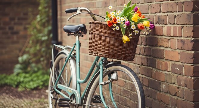 Vintage bicycle with basket of colorful tulips parked against a weathered brick wall, A classic bicycle overflowing with fresh flowers rests against a rustic brick backdrop