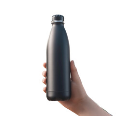 Black stainless steel water bottle held in hand against a white background showcasing modern design and eco-friendly lifestyle choices for hydration needs