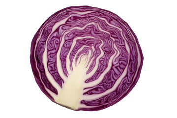 Fototapeta premium Cross section revealing vibrant purple-white concentric circles of fresh red cabbage against transparent backdrop