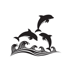 Fototapeta premium Black Dolphin Silhouettes Jumping Over Ocean Waves Vector