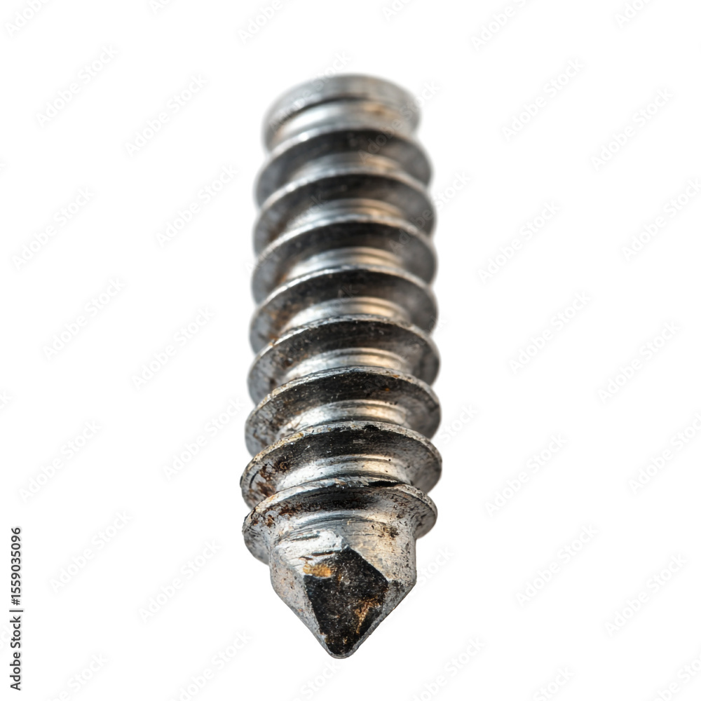 Poster closeup of a metal screw with a pointed tip showing detailed threads and texture