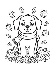 Happy Puppy Sitting on Fall Leaves – Cute Dog Autumn Coloring Page for Children
