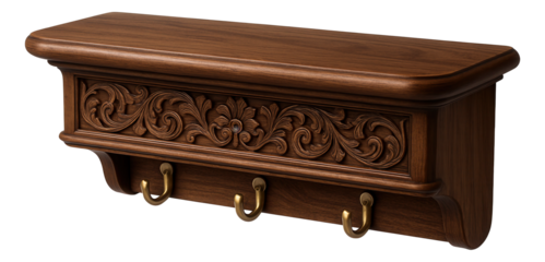 Wooden hat shelf with carved details, bringing a touch of classic style to a traditional home entryway.