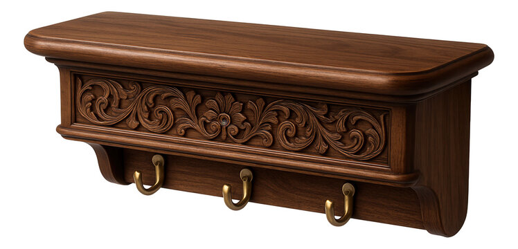 Wooden hat shelf with carved details, bringing a touch of classic style to a traditional home entryway.